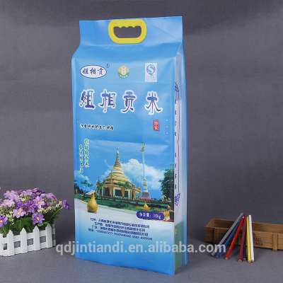 Top quality 10kg 15kg 25kg pe/nylon stand up pouch bag for rice packaging with die cut handle